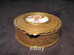 Brass Jewelry Box With Miniature Porcelain Era Nineteenth Century
