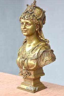 Bronze Bust Golden Patina Young Woman Oriental Xixth