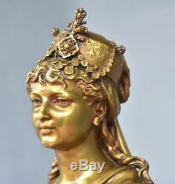 Bronze Bust Golden Patina Young Woman Oriental Xixth