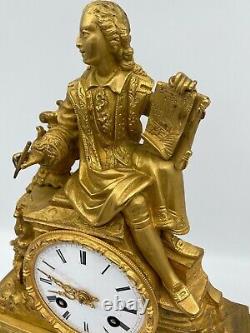 Bronze Pendule Dore Epoque Restoration Xixeme Dial Email Man At Book M135