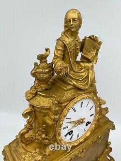 Bronze Pendule Dore Epoque Restoration Xixeme Dial Email Man At Book M135