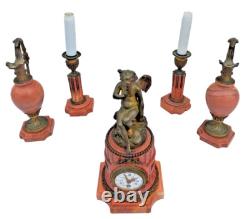 Bronze mantel clock with cherub, cassolette candleholders, Louis XVI style, 19th century period