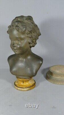 Bust In Earth Cuite Of A Child Socle Marble, Era Xixth