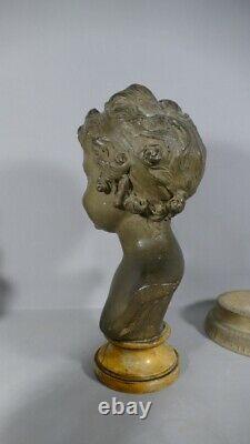 Bust In Earth Cuite Of A Child Socle Marble, Era Xixth