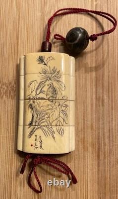 Carved horn inro, signed, Meiji period