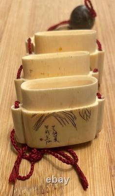 Carved horn inro, signed, Meiji period