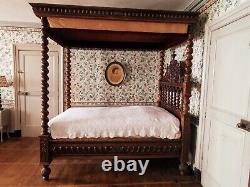 Castle Bed With Baldaquin Era XIX Ème Style Louis XIII In Walnut
