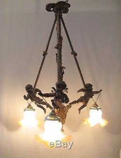 Chandelier With Cherubs Three Lights Bronze And Metal Xixth Century