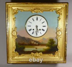 Charles X Period Clock Painting, Landscape and Thread Clock, 19th Century