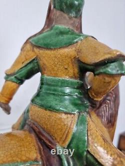 China statue 17th century Ming period yellow and green glazed stoneware Guandi on horseback