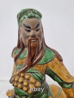 China statue 17th century Ming period yellow and green glazed stoneware Guandi on horseback