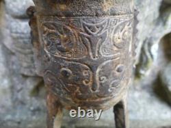 Chinese Tripod JUE Vase Ancient Bronze 19th Century Missing One Foot 19cm Height
