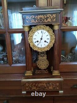 Clock Pendulum Portico Marquetry And Bronze 19th Epoch Napoleon III