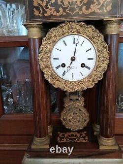 Clock Pendulum Portico Marquetry And Bronze 19th Epoch Napoleon III