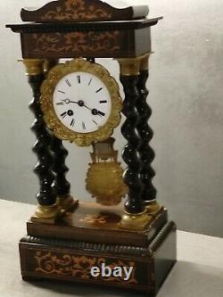 Clock Pendulum Portico Marquetry And Bronze 19th Epoch Napoleon III