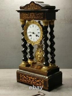 Clock Pendulum Portico Marquetry And Bronze 19th Epoch Napoleon III