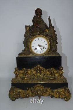 Clock with Fishing Woman in Bronze and Marble, Empire Style, Early 19th Century