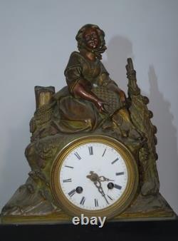 Clock with Fishing Woman in Bronze and Marble, Empire Style, Early 19th Century