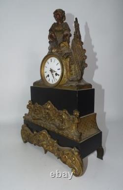 Clock with Fishing Woman in Bronze and Marble, Empire Style, Early 19th Century