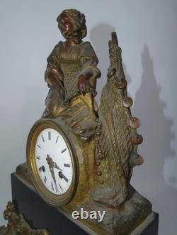 Clock with Fishing Woman in Bronze and Marble, Empire Style, Early 19th Century