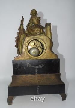 Clock with Fishing Woman in Bronze and Marble, Empire Style, Early 19th Century