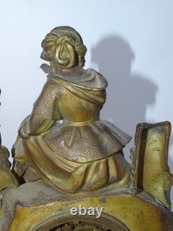 Clock with Fishing Woman in Bronze and Marble, Empire Style, Early 19th Century
