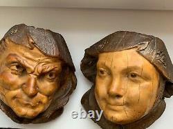 Couple Tobacco Pot Busts In Wood Imitation Plaster Era Late XIX Beginning XX Th