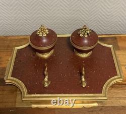 Dolphin Inkwell Empire in Gilded Bronze and Griotte Marble 19th Century