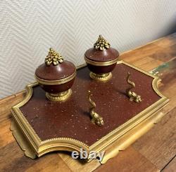 Dolphin Inkwell Empire in Gilded Bronze and Griotte Marble 19th Century