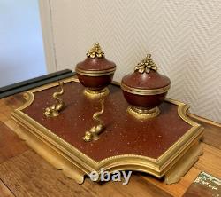 Dolphin Inkwell Empire in Gilded Bronze and Griotte Marble 19th Century