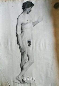 Drawing-charcoal Original-nude Masculine- Epoque XIX Eme Siecle-study Of Nude