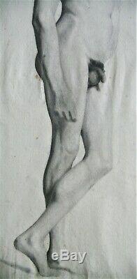 Drawing-charcoal Original-nude Masculine- Epoque XIX Eme Siecle-study Of Nude
