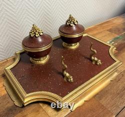 Empire Inkwell with Dolphins in Gilded Bronze and Griotte Marble, 19th Century
