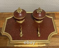 Empire Inkwell with Dolphins in Gilded Bronze and Griotte Marble, 19th Century