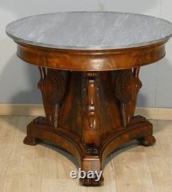 Empire-period swan pedestal table in flame mahogany and Turquin marble, 19th century