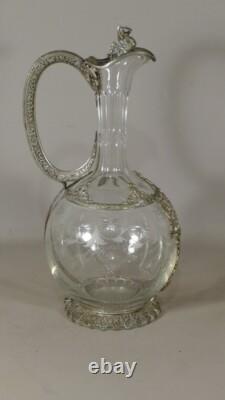 Engraved Crystal Ewer with Filigree Silver-Plated Metal Mount, 19th Century