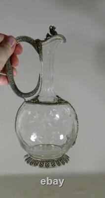 Engraved Crystal Ewer with Filigree Silver-Plated Metal Mount, 19th Century