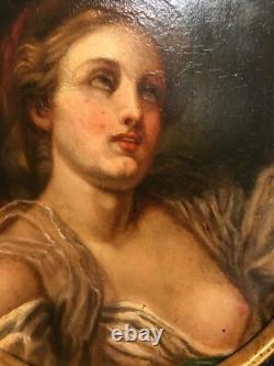Erotic tableau oil on wood panel young woman 19th century