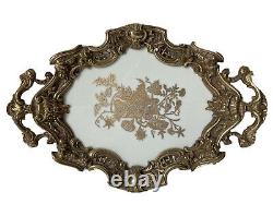 Especially Golden Bronze Tray Opalin Glass Roast Fruit Decor Epoque 19th