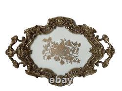 Especially Golden Bronze Tray Opalin Glass Roast Fruit Decor Epoque 19th