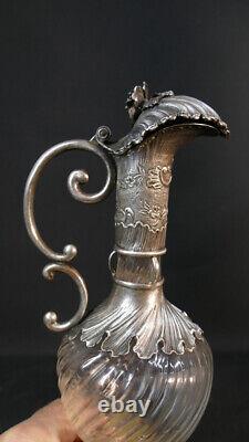 Ewer, Solid Silver Alcohol Carafe with Twisted Glass, 19th Century