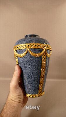 Faience Vase Blue Grey Chiffon Granit And Golden Bronze, 19th Century