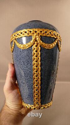 Faience Vase Blue Grey Chiffon Granit And Golden Bronze, 19th Century