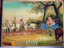 Fixed Under Glass Characters & Caleches Hippomobile Car Horses Age 19th