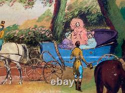 Fixed Under Glass Characters & Caleches Hippomobile Car Horses Age 19th