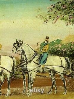 Fixed Under Glass Characters & Caleches Hippomobile Car Horses Age 19th