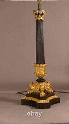 Flambeau Lamp from the Restoration Period in Gilded and Patinated Bronze, Early 19th Century