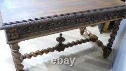 Flat Desk in Renaissance Louis XIII Style in Solid Oak, Late 19th Century