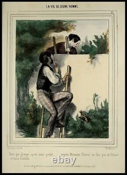 GAVARNI Original lithograph with watercolor and gummed from the 1840s, RARE EDITION