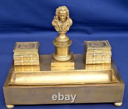 Gilded Bronze Writing Desk / Inkstand Seal Featuring Voltaire Empire Period 19th Century